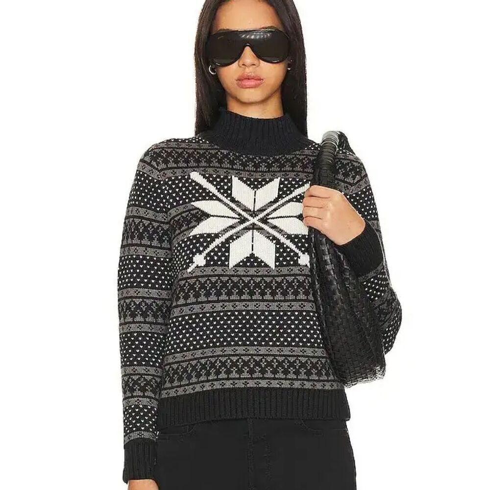 Alp N Rock Gitte Mock Neck Sweater Organic Cotton Blend Black White Snowflake L